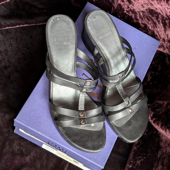 Stuart Weitzman Wedge Heels Black Strappy Silver Accent Slides Comfortable Style - Picture 2 of 16